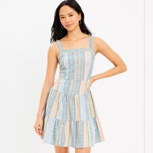 Loft Striped Tiered Swing Square Neck Dress, Cloudy Jade, Size 16 NWT